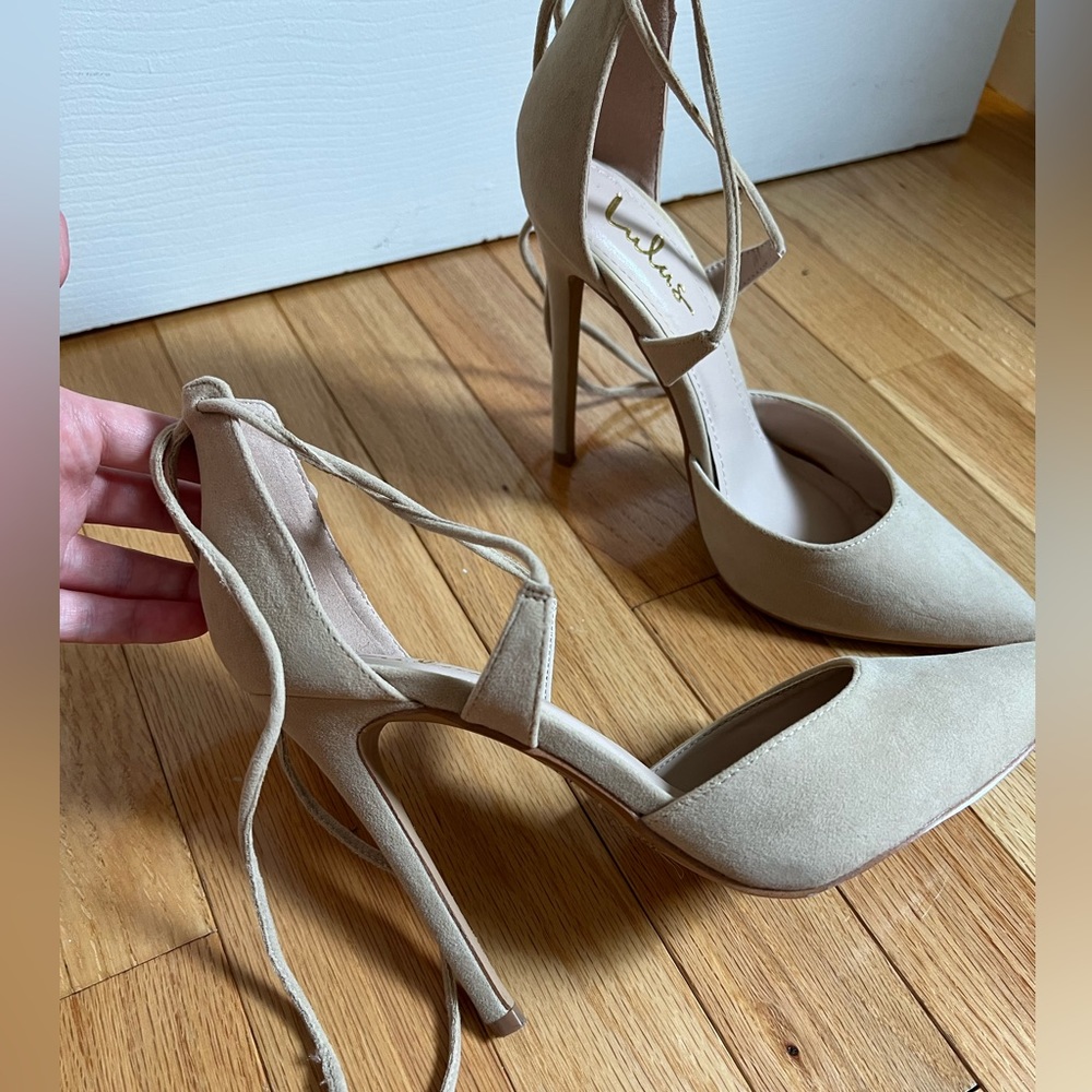 Lulus Dani Nude Suede Lace-up Heels